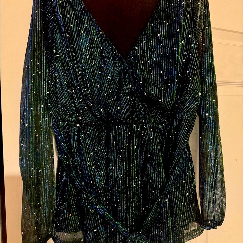 BloomChic Green Sequin Wrap Blouse Long Sleeve